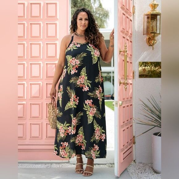 NWT LuLaRoe Endless Maxi Dress Black Pink Coral Green Tropical Floral Size 2XL - Picture 1 of 11